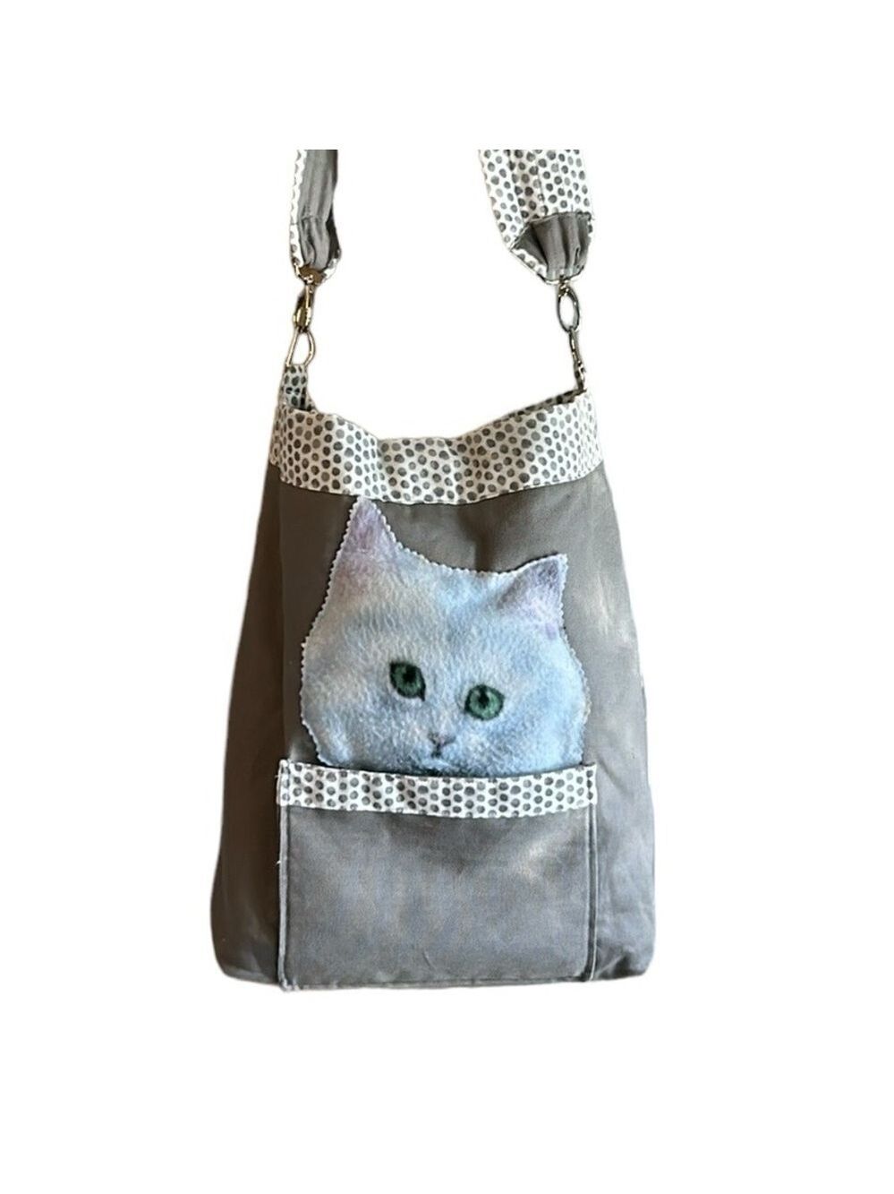 Green Eyed White Cat Face Print Large Fabric Tote Bag with Shoulder Strap